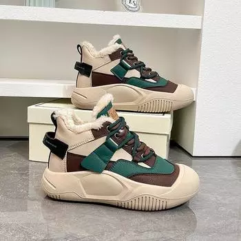 Женские зимние ботинки из искусственной кожи на флисовой подкладке, зимние уличные противоскользящие ботинки до щиколотки с толстой подошвой и высоким берцем, повседневные короткие ботинки на меху на шнуровке для женщин 35 чёрный