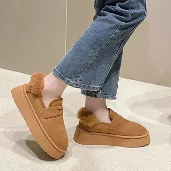 Женские зимние ботинки из искусственной замши с нескользящей платформой и подкладкой из искусственного меха. Короткие полусапожки. Зимние теплые мокасины для женщин. Домашняя обувь для дома и отдыха на открытом воздухе. 35 чёрный