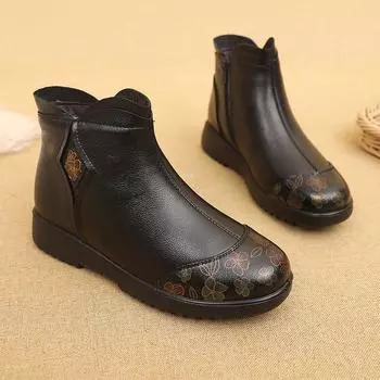Женские зимние ботинки из кожи на плоской подошве, ботильоны, женские теплые ботинки на молнии, водонепроницаемые нескользящие ботинки для мам 35 чёрный
