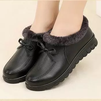 Женские зимние ботинки из кожи, водонепроницаемые, теплые, плюшевые, бархатные, ботильоны, женская повседневная, удобная, хлопковая обувь, прогулочная обувь 35 чёрный