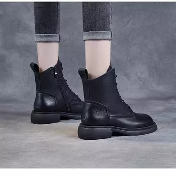 Женские зимние ботинки из натуральной кожи, плюшевые теплые ботинки с круглым носком, сшитые вручную на молнии, для отдыха, на платформе 40 чёрный