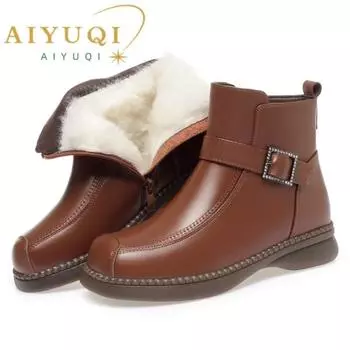 Женские зимние ботинки из натуральной кожи, зимние женские ботинки большого размера в британском стиле, нескользящие шерстяные теплые женские ботильоны 35