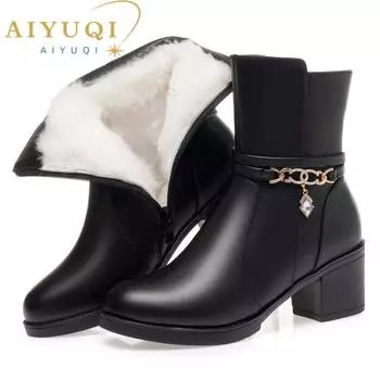 Женские зимние ботинки из натуральной кожи, женские ботильоны с круглым носком, большие размеры, шерстяные женские короткие ботинки 35