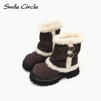 Женские зимние ботинки из натуральной кожи, плюшевые ботинки с пряжкой и толстой подошвой, модные удобные ботильоны 35 коричневый