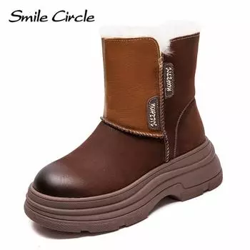 Женские зимние ботинки из натуральной кожи, шерстяные теплые сапоги с толстой подошвой, модные удобные повседневные ботинки 35 коричневый
