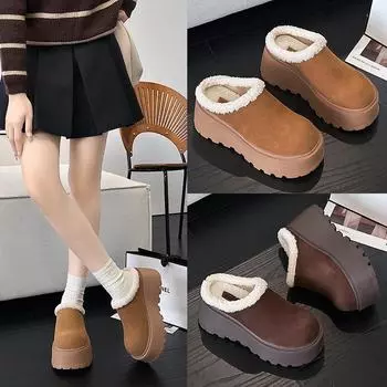 «Женские зимние ботинки из натуральной кожи в стиле ретро 2024 г. — полутапочки с толстой подошвой, бархатной подкладкой, закрытым носком, увеличивающие рост» 34 коричневый