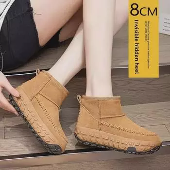 Женские зимние ботинки из натуральной кожи 2024 года: Высота 8 см, низкая камера, нескользящее дно покрышки, зимняя мода 39