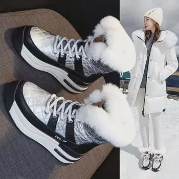 Женские зимние ботинки из натуральной кожи 2024 года: Плюс бархат, водонепроницаемый, нескользящий, плотный хлопок для зимы. US 5 серебряный