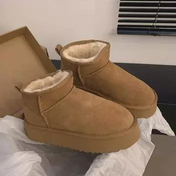 Женские зимние ботинки из натуральной кожи на толстой подошве 2025 года: Теплый, водонепроницаемый, необрастающий и увеличивающий рост благодаря меховой подкладке. 38
