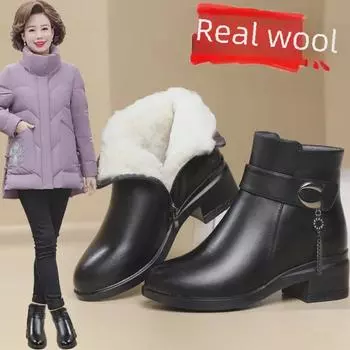 Женские зимние ботинки из нескользящей кожи на среднем каблуке с бархатной подкладкой — теплые и стильные для людей среднего и пожилого возраста Size 40