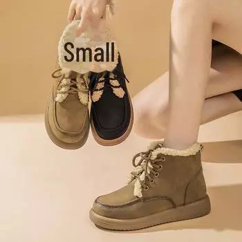 Женские зимние ботинки из овечьей шерсти на шнуровке 2024 года — с бархатной подкладкой, теплые, короткие и утолщенные 41 чёрный