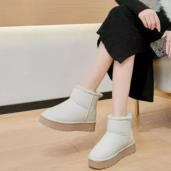 Женские зимние ботинки из пушистой кожи, нескользящие полусапожки с меховой флисовой подкладкой, зимние теплые ботинки на толстой платформе, удобные ботинки для ходьбы, женская обувь 34