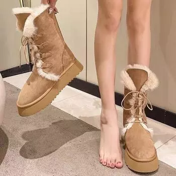 Женские зимние ботинки из толстого бархата со шнуровкой, утепленные, зима 2024, новые, на толстой подошве, среднего размера, с ворсом из утолщенного хлопка 35