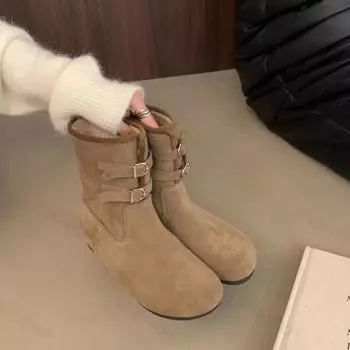 Женские зимние ботинки из замши и кожи 2025 года, новые нескользящие плоские женские зимние ботинки, модные шерстяные теплые женские ботильоны с пряжкой спереди 35