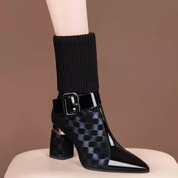 Женские зимние ботинки Martin на высоком каблуке Короткие ботинки на толстом каблуке Плюшевые шерстяные ботинки с острым носком Длинные ботинки 34 синий