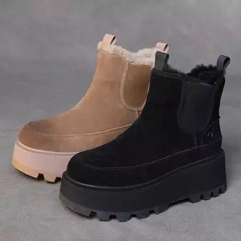 Женские зимние ботинки на платформе 2024 года: Плотный бархат, удобный, короткий, повседневный, хлопок, коровья кожа Size 35