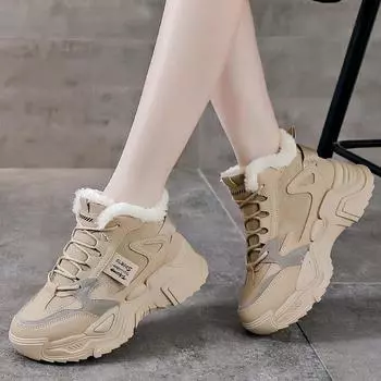 Женские зимние ботинки на платформе, нескользящие ботинки на шнуровке, полусапожки, подкладка из искусственного меха, короткие ботинки для ходьбы для женщин, удобные теплые высокие кроссовки для папы 35