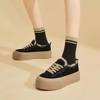 Женские зимние ботинки на платформе, нескользящие, на шнуровке, из искусственной замши, короткие, пушистые, с подкладкой из искусственного меха, удобные, теплые, кроссовки для ходьбы, женская обувь 35 чёрный