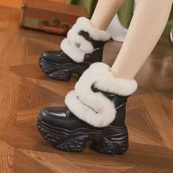 Женские зимние ботинки на платформе, увеличивающие рост, 2024 г., толстая подошва с мехом и бархатом, теплые короткие ботинки 34 чёрный
