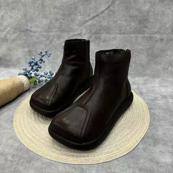 Женские зимние ботинки на плоской подошве с квадратным носком из кожи и хлопка, модные теплые повседневные ботинки из кожи и хлопка для женщин, зима 2025 года 35 коричневый