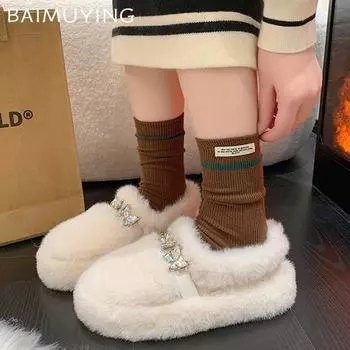 Женские зимние ботинки на плоской подошве с бантом из меха на платформе, короткие, плюшевые, дизайнерские, хлопковые, трендовые, теплые, удобные, повседневные, зимние, новые, женские ботинки 35 чёрный