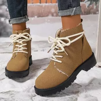 Женские зимние ботинки на шнуровке с мехом на низком каблуке, зимние ботинки на щиколотку, женские ботинки на платформе, зимняя обувь на каблуке 35 имбирный
