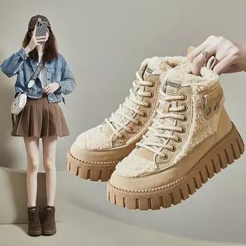 Женские зимние ботинки на шнуровке с меховой подкладкой, уличные зимние ботинки без шнуровки на толстой подошве, повседневные короткие ботильоны из искусственной кожи, теплые женские ботильоны на флисовой подкладке