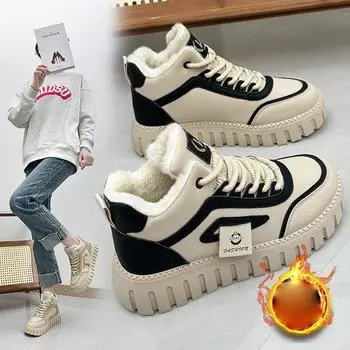 Женские зимние ботинки на шнуровке с меховой подкладкой, уличные зимние ботинки без шнуровки на толстой подошве, повседневные короткие ботильоны из искусственной кожи, теплые женские ботильоны на флисовой подкладке 35