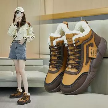 Женские зимние ботинки на шнуровке с меховой подкладкой, уличные зимние ботинки без шнуровки на толстой подошве, повседневные короткие ботильоны из искусственной кожи, теплые женские ботильоны на флисовой подкладке
