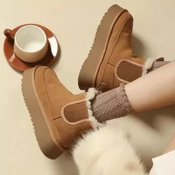 Женские зимние ботинки на толстой платформе, ботильоны из искусственной замши с меховой подкладкой, теплые, нескользящие, удобные, пушистые, прогулочные ботинки «Челси» для женщин 35 коричневый