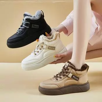 Женские зимние ботинки на толстой платформе, нескользящие короткие ботильоны, с подкладкой из искусственного меха, теплые высокие кроссовки для ходьбы на шнуровке для женщин 35