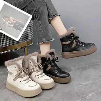 Женские зимние ботинки на толстой платформе, нескользящие ботинки на шнуровке, прогулочные ботинки с подкладкой из искусственного меха, теплые и удобные короткие ботинки для женщин 35 бежевый