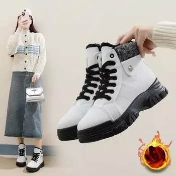 Женские зимние ботинки на толстой платформе, нескользящие короткие ботинки для ходьбы, теплые ботильоны на шнуровке с подкладкой из искусственного меха для женщин, высокие кроссовки 35 чёрный