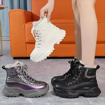 Женские зимние ботинки на толстой платформе, нескользящие, короткие, на шнуровке, полусапожки, прогулочные ботинки с подкладкой из искусственного меха, теплые, удобные, высокие кроссовки для женщин 35 белый