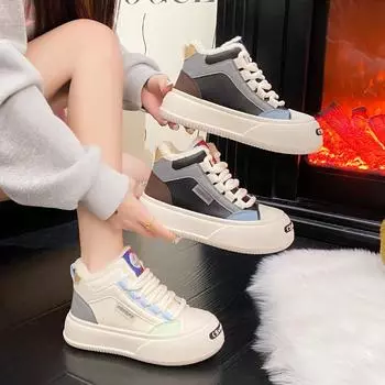 Женские зимние ботинки на толстой платформе, нескользящие, на шнуровке, короткие ботильоны, с подкладкой из искусственного меха, зимние теплые кроссовки для ходьбы с флисовой подкладкой для женщин 35 чёрный