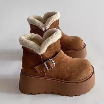 Женские зимние ботинки на толстой платформе, нескользящие полусапожки из искусственной замши с меховой подкладкой, теплые, удобные, пушистые, короткие ботинки для ходьбы, обувь для женщин 35 коричневый