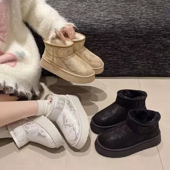 Женские зимние ботинки на толстой платформе, нескользящие полусапожки из искусственной кожи с подкладкой из искусственного меха, зимние теплые удобные короткие ботинки для ходьбы, обувь для женщин 36 чёрный