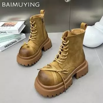 Женские зимние ботинки на толстой платформе с ботильонами на среднем каблуке с бантом, модные кожаные туфли для женщин, зима 2024, тренд, готика, челси, ботинки-ботинки Mujer 35 хаки