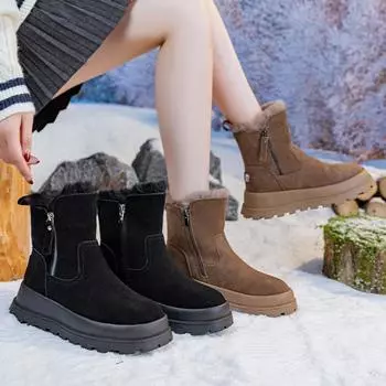 Женские зимние ботинки на толстой платформе, теплые зимние замшевые полусапожки с подкладкой из искусственного меха, удобные женские нескользящие ботинки для ходьбы с боковой молнией 35 чёрный