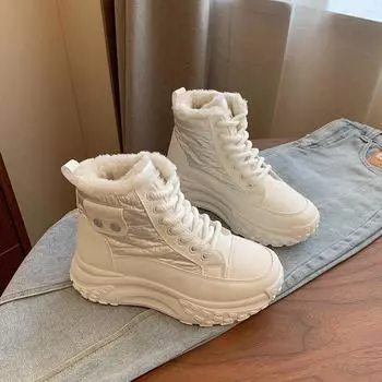Женские зимние ботинки на толстой платформе, зимние нескользящие полусапожки, прогулочные ботинки на шнуровке с подкладкой из искусственного меха, женские теплые высокие кроссовки с флисовой подкладкой 35