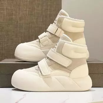 Женские зимние ботинки на толстой подошве 2024 года, новые зимние туфли на липучках с высоким берцем, маленькие белые туфли с набивкой и утолщенной подошвой, большие хлопковые туфли 35