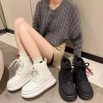 Женские зимние ботинки на толстой подошве из плюша, теплые хлопковые туфли, черные, бежевые, повседневные, на шнуровке, Botines Para Mujeres, короткие, с круглым носком 35 чёрный