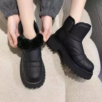 Женские зимние ботинки на толстой подошве, осенне-зимние, с круглым носком, на толстом среднем каблуке, женская обувь, однотонные, повседневные, из плюша, теплые, из хлопка 35 чёрный