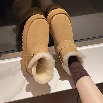 Женские зимние ботинки на толстой подошве с двумя носками 2024 года, модные теплые короткие ботинки из шерсти и хлопка с мехом 35 хаки