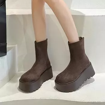Женские зимние ботинки на толстой подошве с нескользящей круглой подошвой, сохраняющие тепло, с молнией сзади, на платформе, замшевые ботинки на высоком каблуке, однотонные ботильоны 35 чёрный