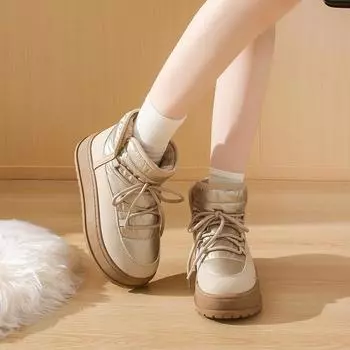 Женские зимние ботинки на толстой подошве со шнуровкой, женские зимние плюшевые теплые ботинки с круглым носком, женская хлопковая обувь 35 бежевый