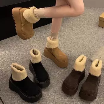 Женские зимние ботинки на толстой подошве, увеличивающие рост, 2024: Модный, теплый, с бархатным мехом, с большой головой, в уродливо-милом стиле. 35 коричневый