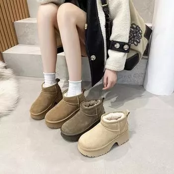 Женские зимние ботинки на высоком каблуке 2024 года, с толстой подошвой, из натуральной кожи и теплым хлопковым утеплителем. 36 верблюд