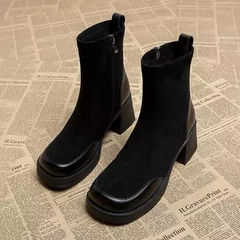 Женские зимние ботинки на высоком каблуке, замшевые толстые мотоциклетные ботинки, дизайнерская зимняя обувь для женщин 2024 года, тренд Goth Mujer Zapatillas 34 чёрный