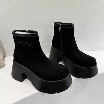 Женские зимние ботинки на высоком каблуке, замшевые туфли на платформе, массивные туфли, модная повседневная обувь 2025 года, готические туфли для вечеринок и прогулок, ботинки для женщин 35 чёрный